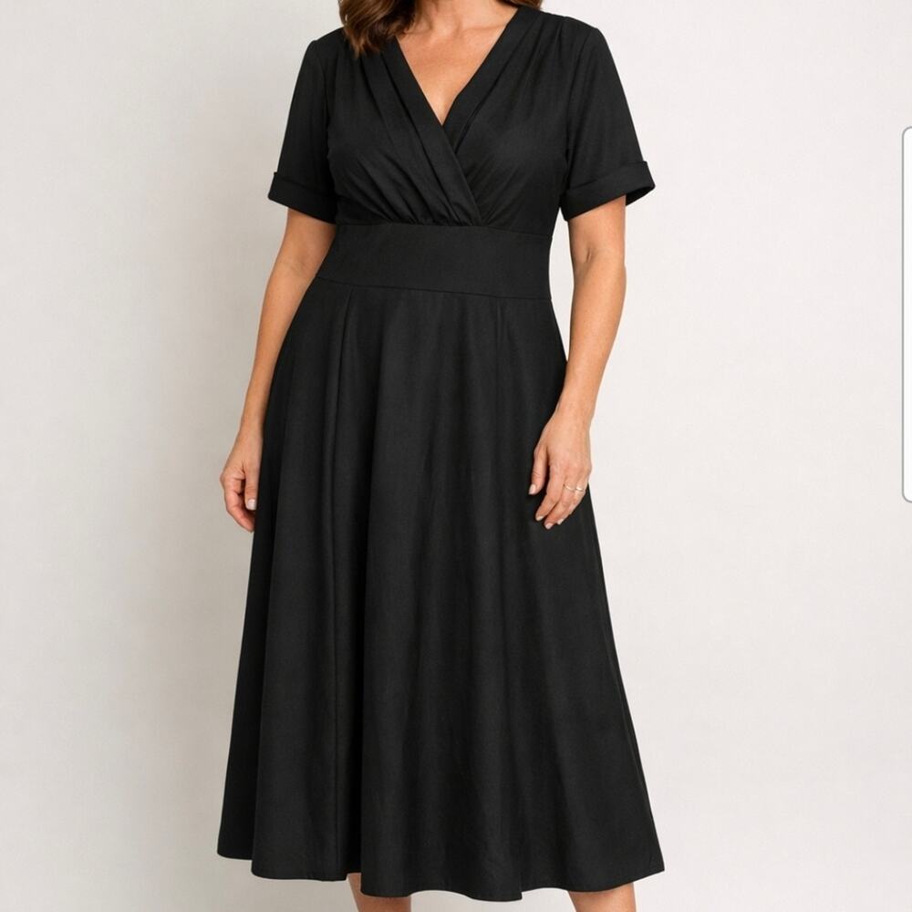 J. Peterman Black 1947 Swing Dress - Size L/XL- Shoulder Pads - Retro